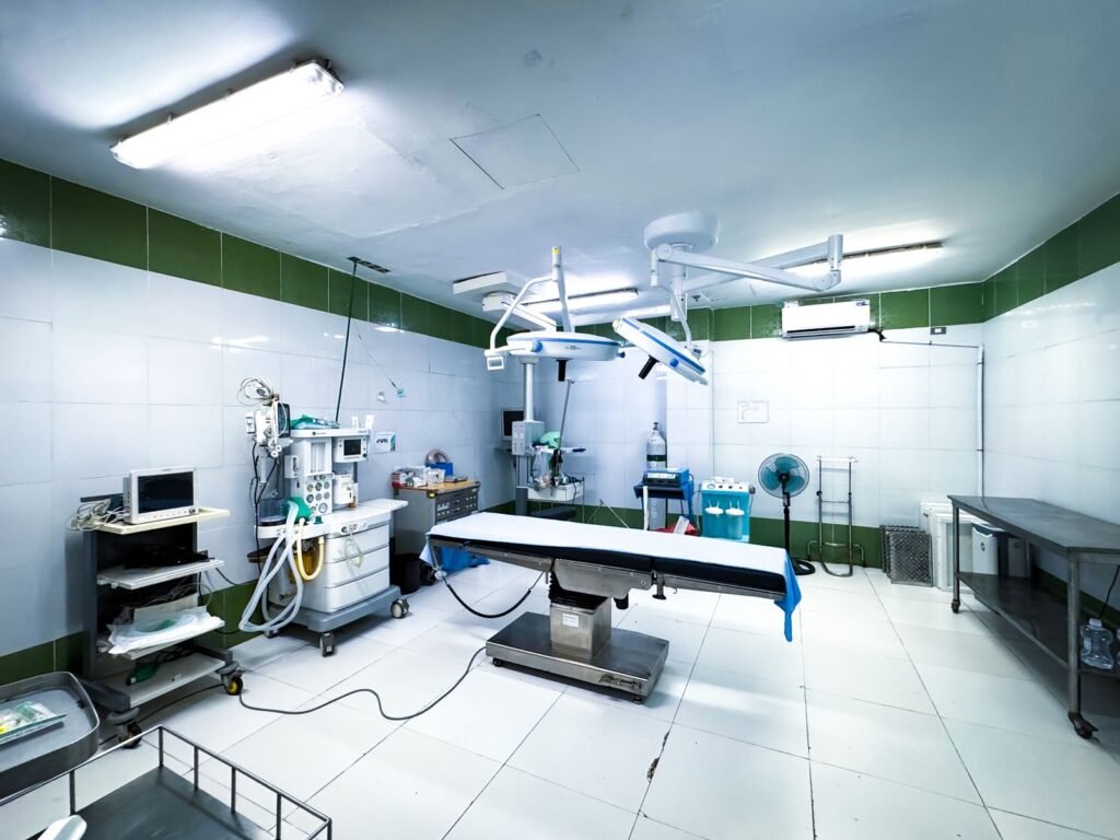 An empty operating theatre with an operating table